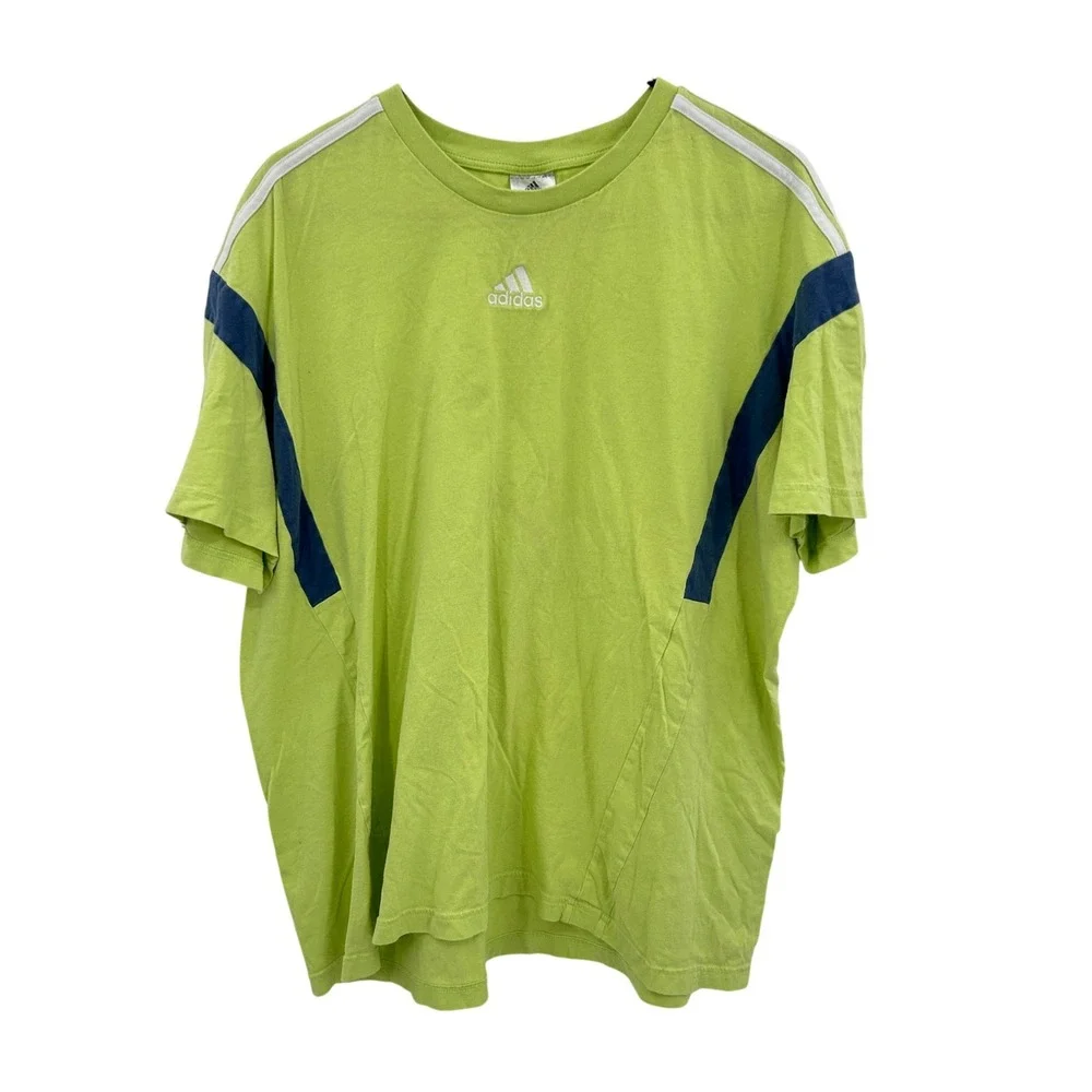 Adidas‎ Short Sleeve Embroidered Logo T-Shirt XL Lime Green Navy Blue Sporty Y2K